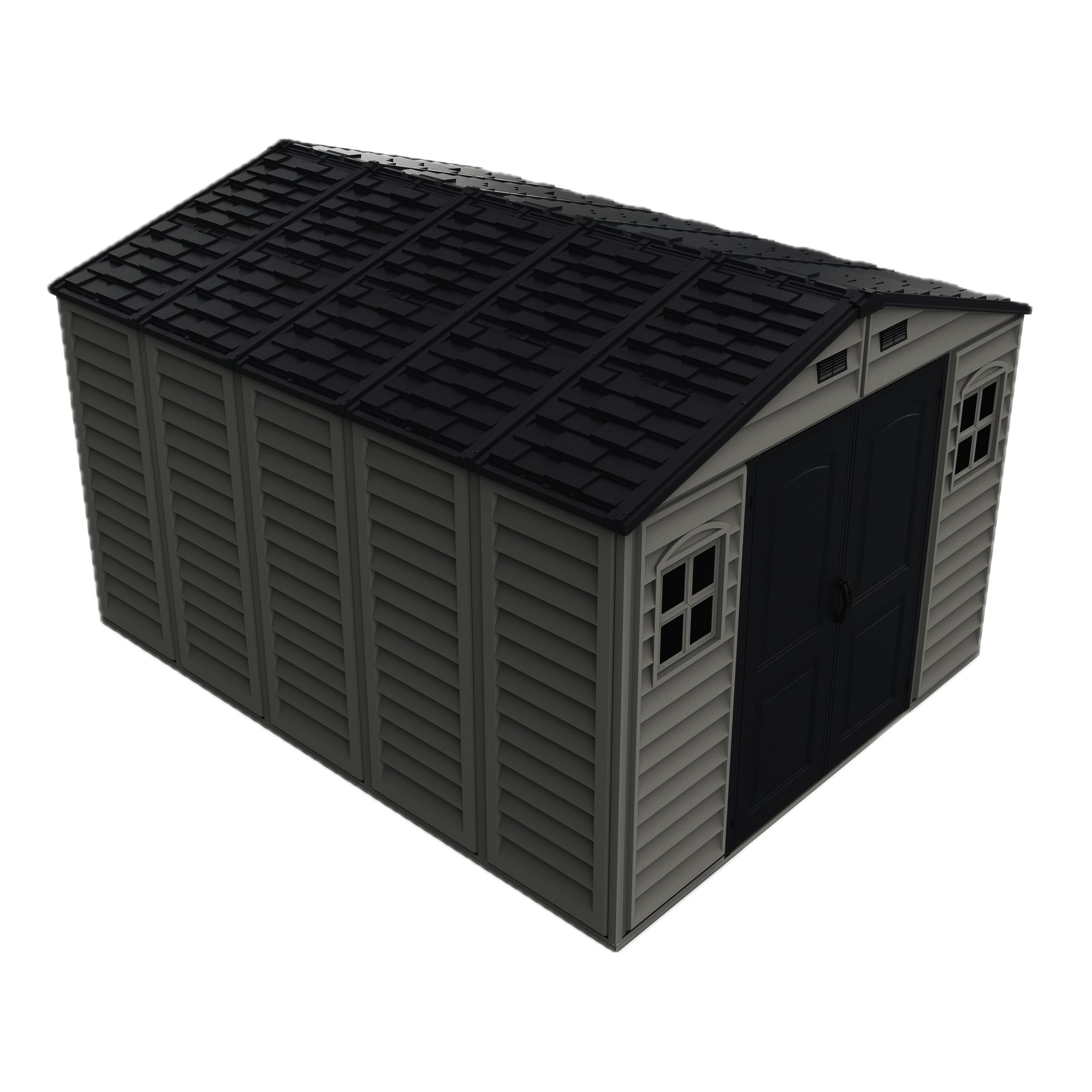 Left front top detail view of the DuraMax WoodBridge II 10.5x13 vinyl storage shed, Menards model 40334