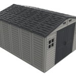Left front top view of the DuraMax WoodBridge II 10.5x13 vinyl storage shed, Menards model 40334