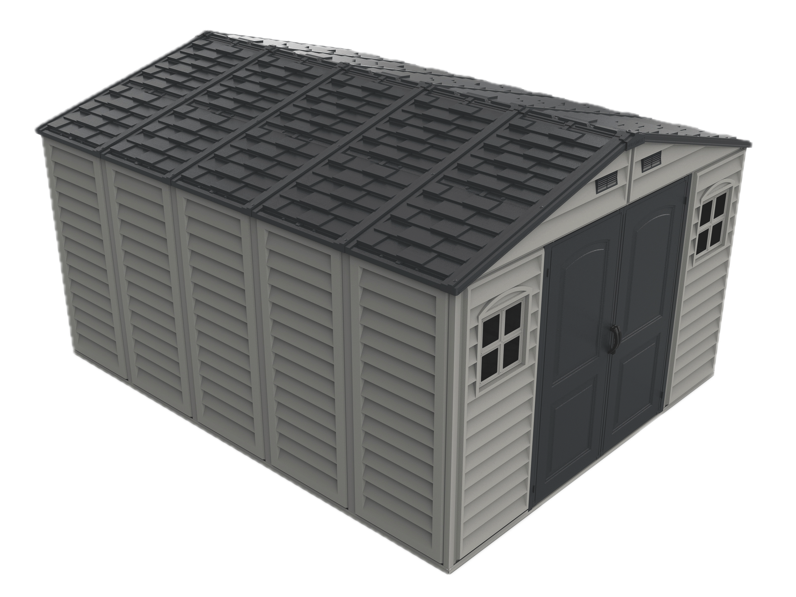 Left front top view of the DuraMax WoodBridge II 10.5x13 vinyl storage shed, Menards model 40334