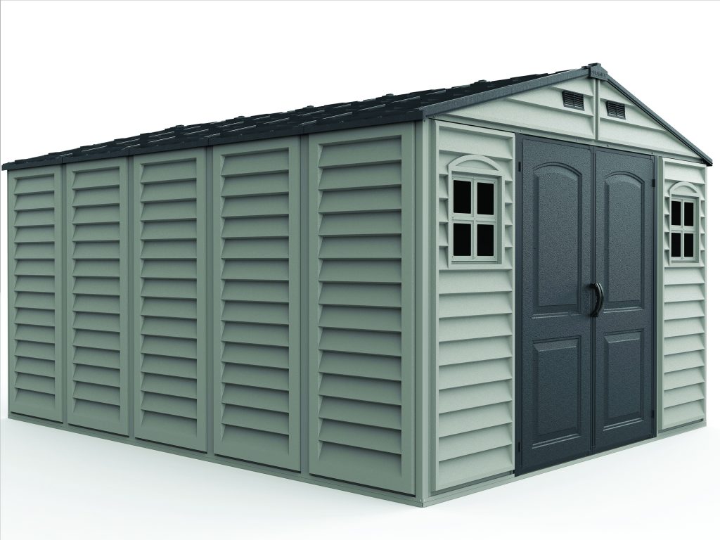 Left front view of the DuraMax WoodBridge II 10.5x13 vinyl storage shed, Menards model 40334