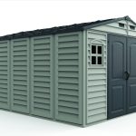Left front view of the DuraMax WoodBridge II 10.5x13 vinyl storage shed, Menards model 40334