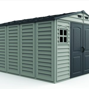 Left front view of the DuraMax WoodBridge II 10.5x13 vinyl storage shed, Menards model 40334
