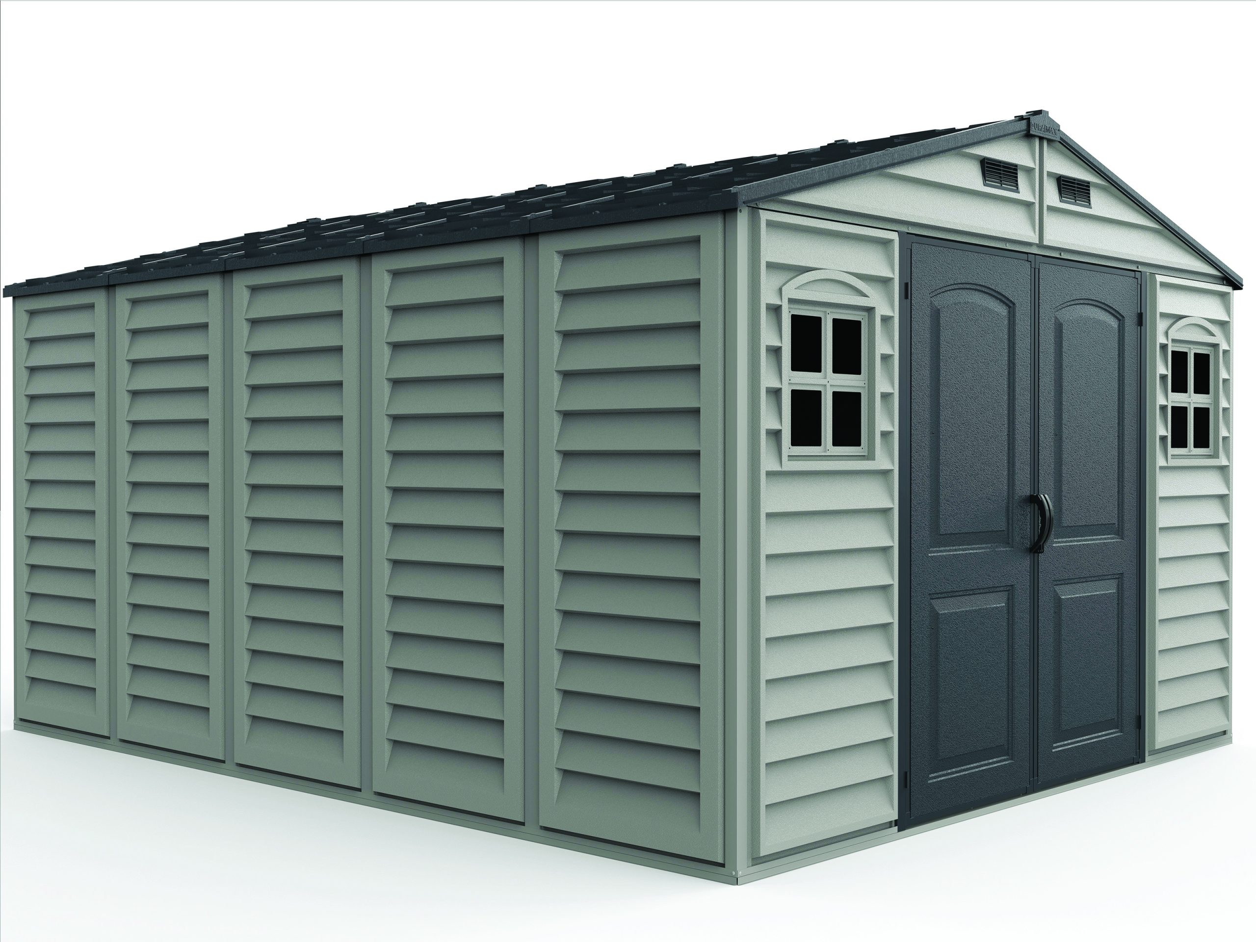 Left front view of the DuraMax WoodBridge II 10.5x13 vinyl storage shed, Menards model 40334