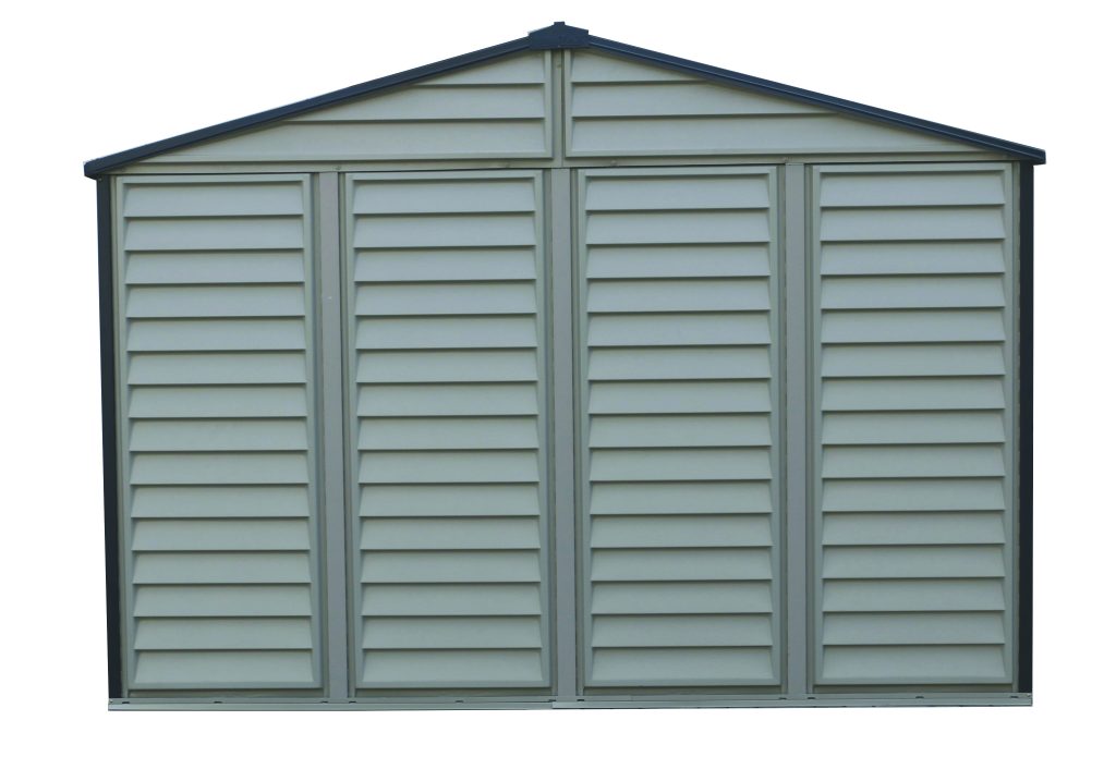 Rear view of the DuraMax WoodBridge II 10.5x13 vinyl storage shed, Menards model 40334