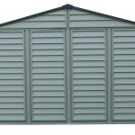 Rear view of the DuraMax WoodBridge II 10.5x13 vinyl storage shed, Menards model 40334