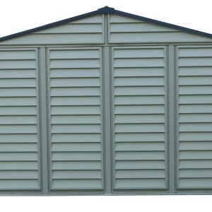 Rear view of the DuraMax WoodBridge II 10.5x13 vinyl storage shed, Menards model 40334