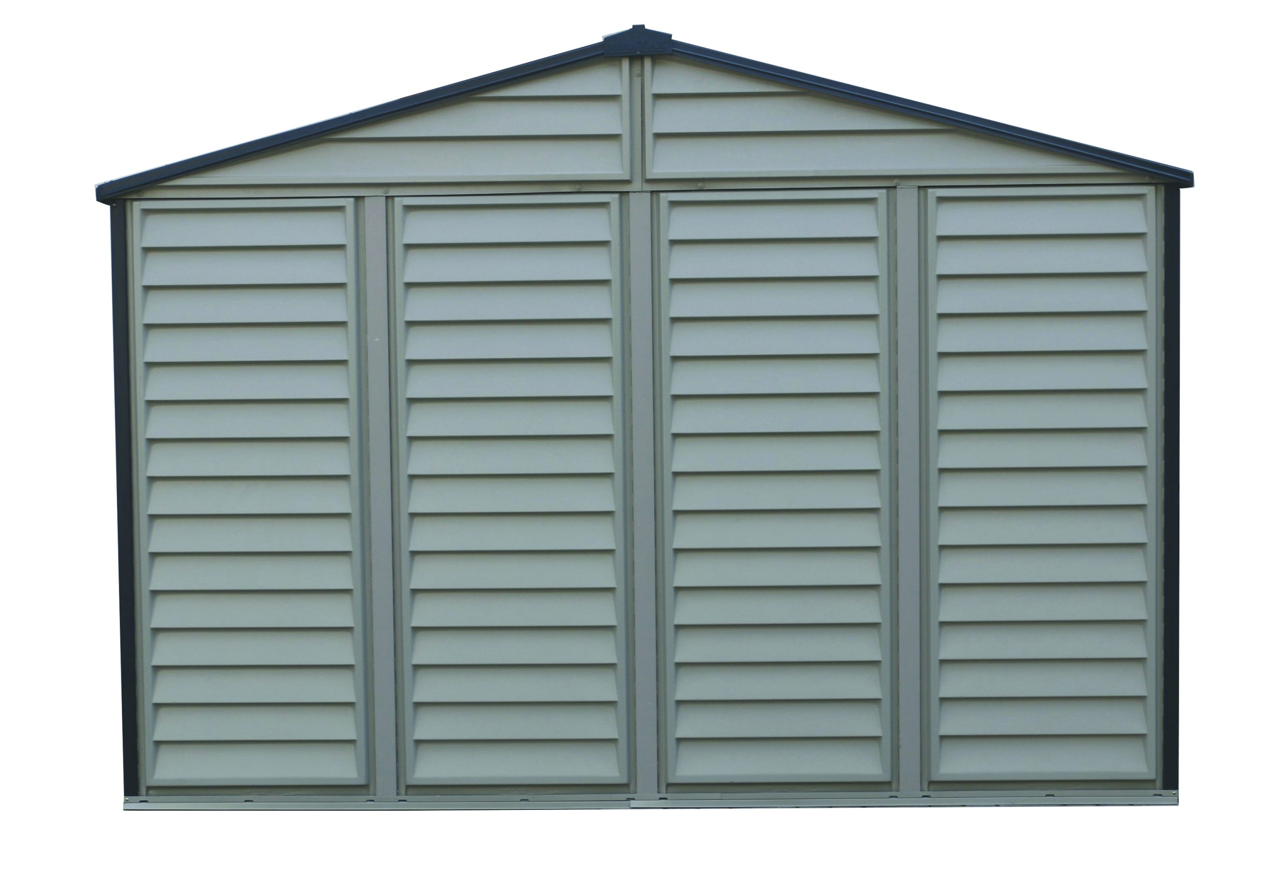 Rear view of the DuraMax WoodBridge II 10.5x13 vinyl storage shed, Menards model 40334