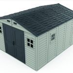 Right front top view of the DuraMax WoodBridge II 10.5x13 vinyl storage shed, Menards model 40334