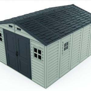 Right front top view of the DuraMax WoodBridge II 10.5x13 vinyl storage shed, Menards model 40334