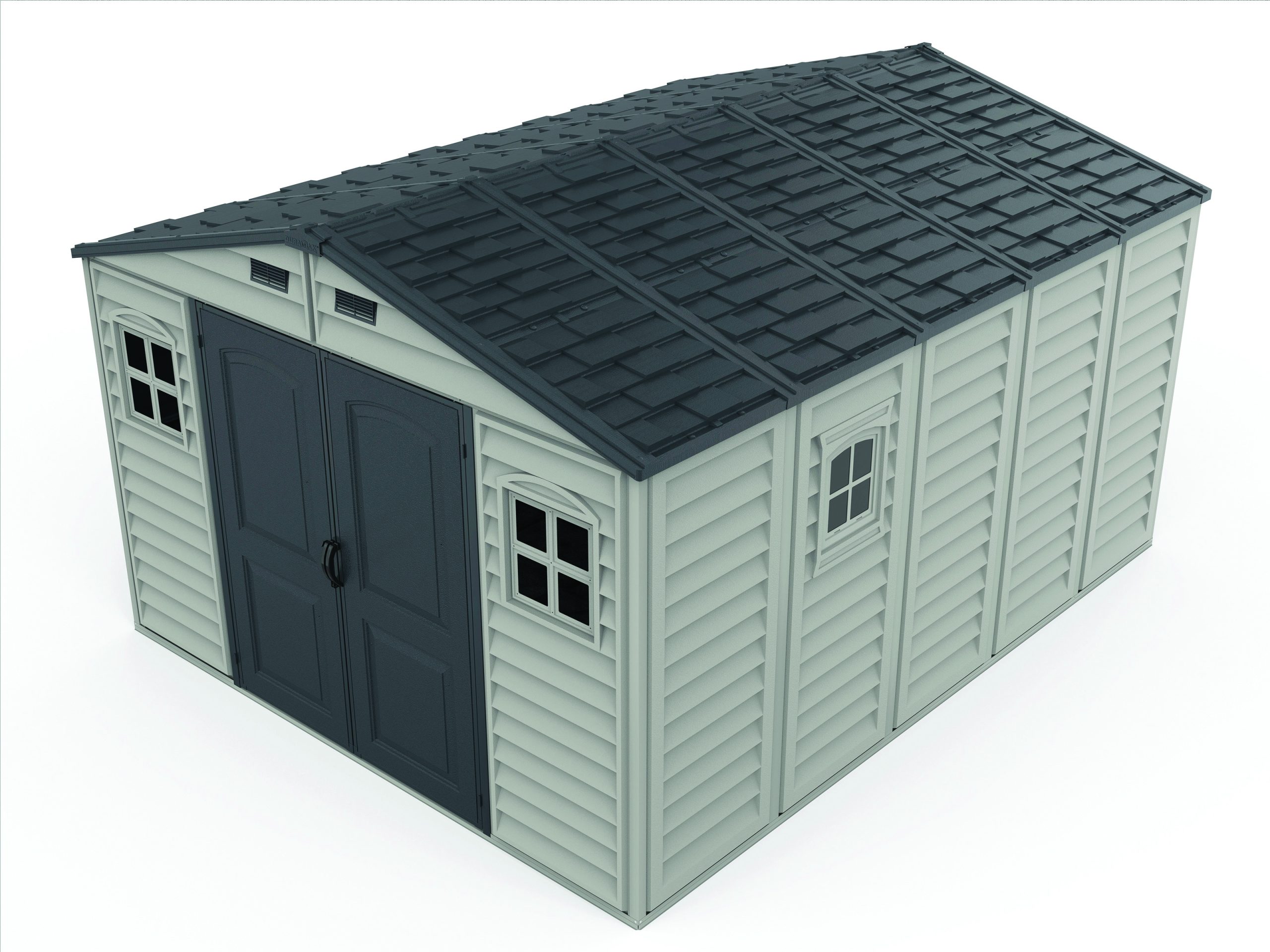 Right front top view of the DuraMax WoodBridge II 10.5x13 vinyl storage shed, Menards model 40334