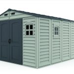 Right front view of the DuraMax WoodBridge II 10.5x13 vinyl storage shed, Menards model 40334