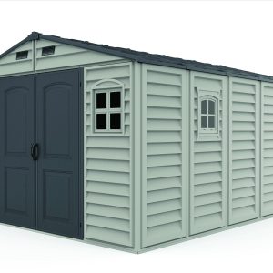Right front view of the DuraMax WoodBridge II 10.5x13 vinyl storage shed, Menards model 40334