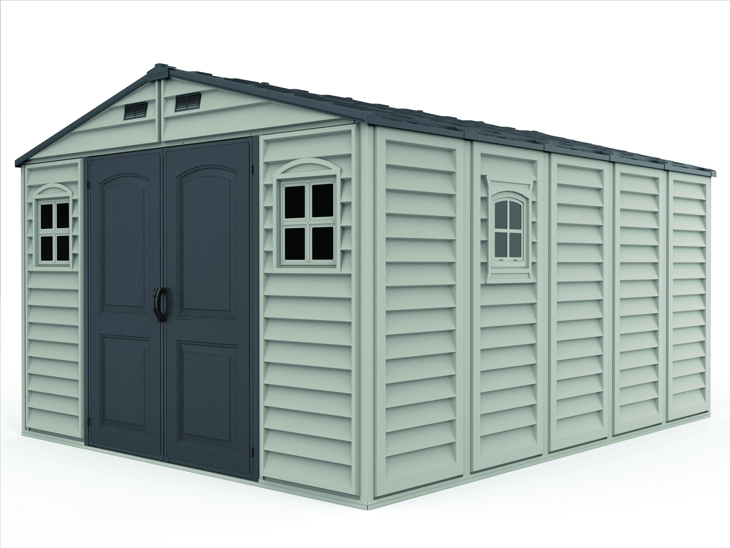 Right front view of the DuraMax WoodBridge II 10.5x13 vinyl storage shed, Menards model 40334