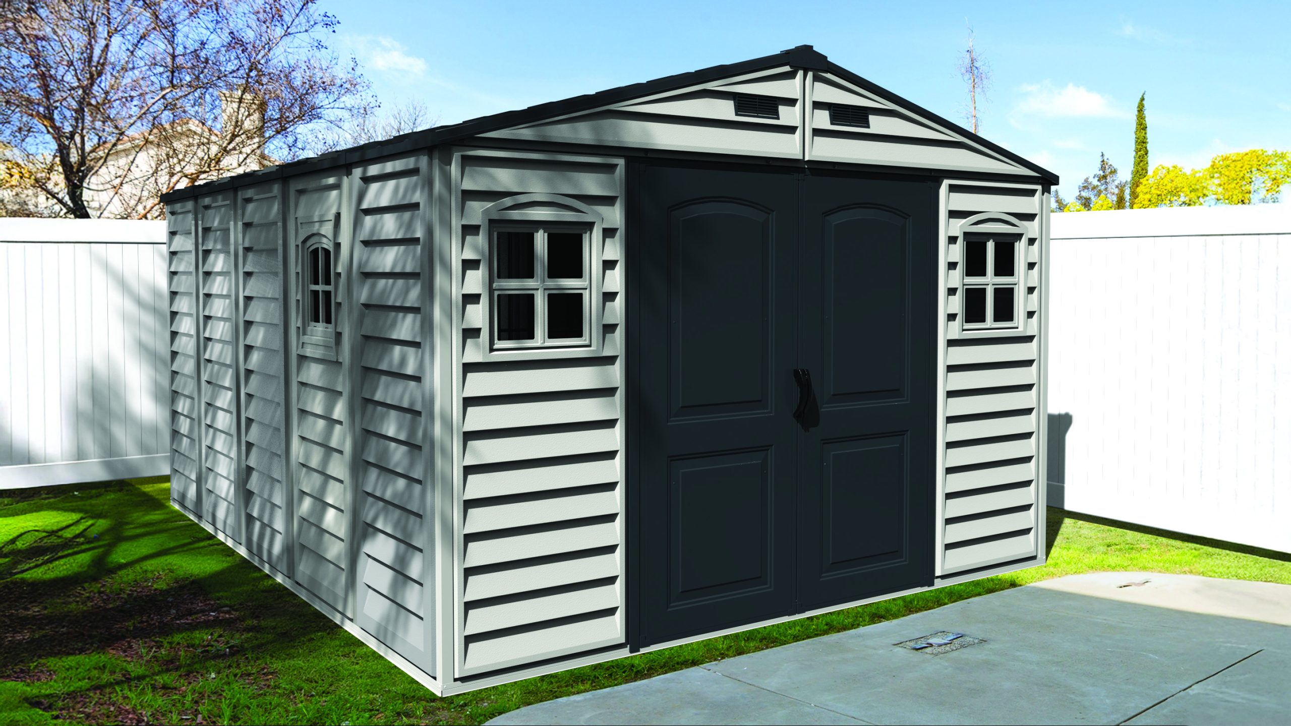 Structural cutaway view of the DuraMax WoodBridge II 10.5x13 vinyl storage shed, Menards model 40334