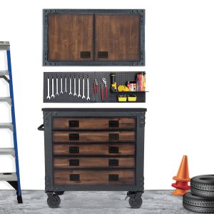 Duramax two-piece garage storage set with rolling tool chest and wall cabinet in a finished workspace