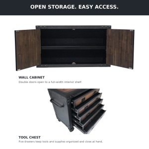 Duramax 68201 garage storage set showing open drawers and cabinet storage