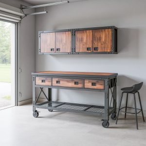 Duramax three-piece garage storage set with rolling workbench and two wall-mounted cabinets