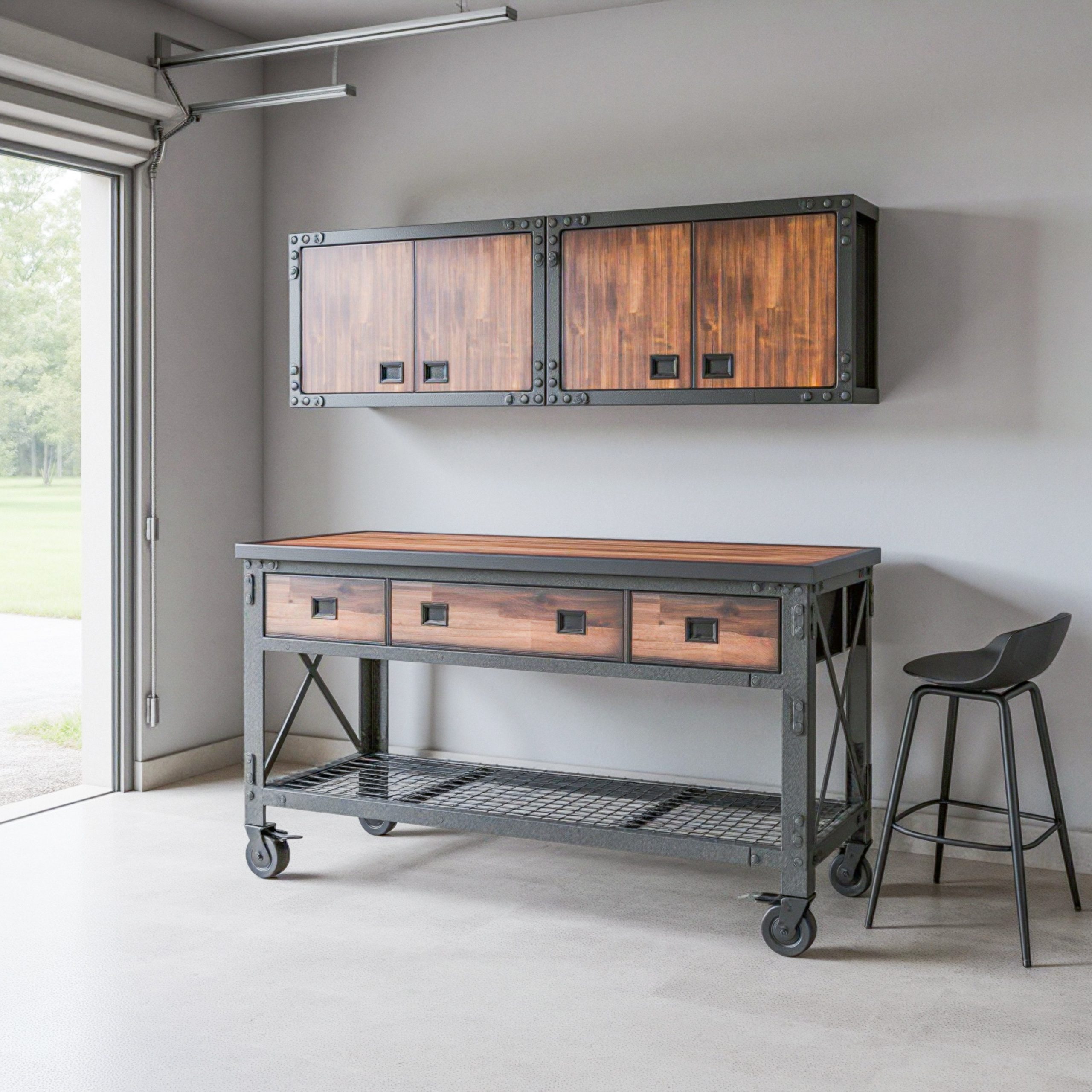 Duramax 68202 three-piece garage storage system with workbench and wall cabinets
