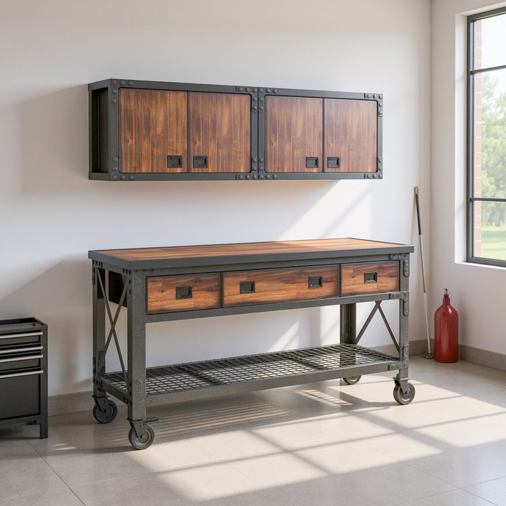 Duramax 68202 three-piece garage storage system with 72 inch rolling workbench and two wall cabinets