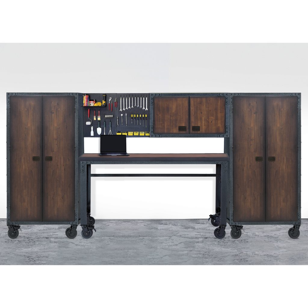 Duramax four-piece garage storage system in a finished workspace