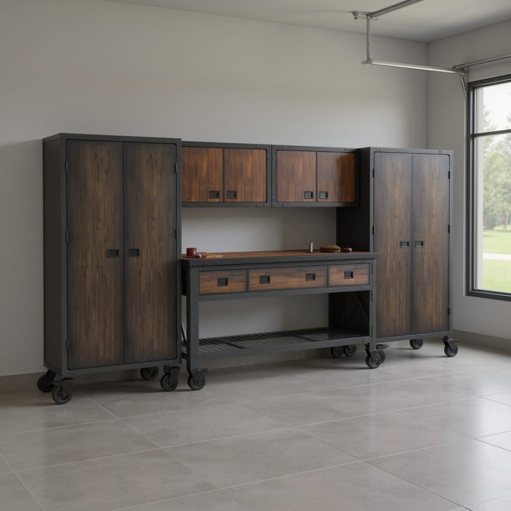 Duramax 68205 five-piece garage storage system with workbench, wall cabinets and freestanding cabinets