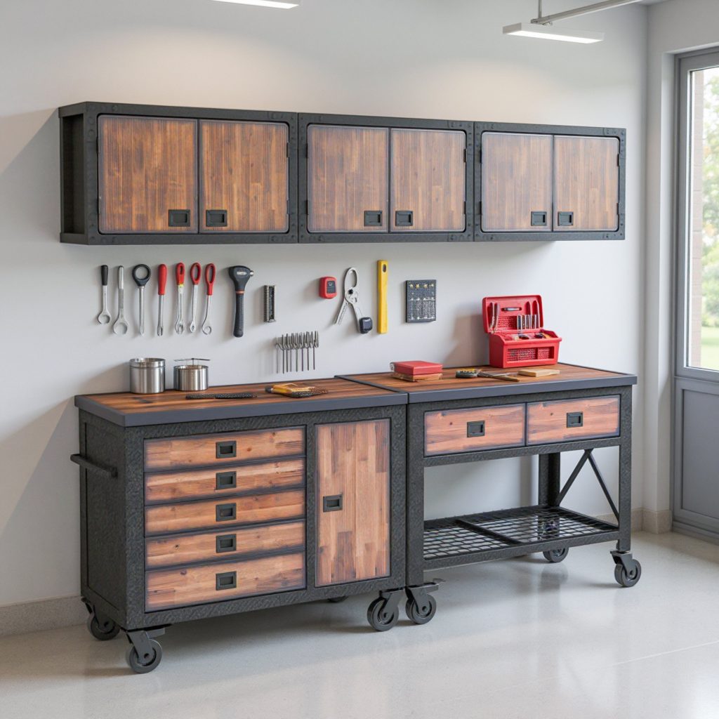 Duramax 68206 five-piece garage storage system with workbench, tool chest and wall cabinets