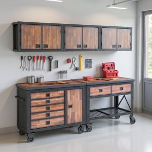 Duramax 68206 five-piece garage storage system with workbench, tool chest and wall cabinets
