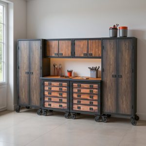 Duramax 68207 six-piece garage storage system with two tool chests, two wall cabinets and two freestanding cabinets