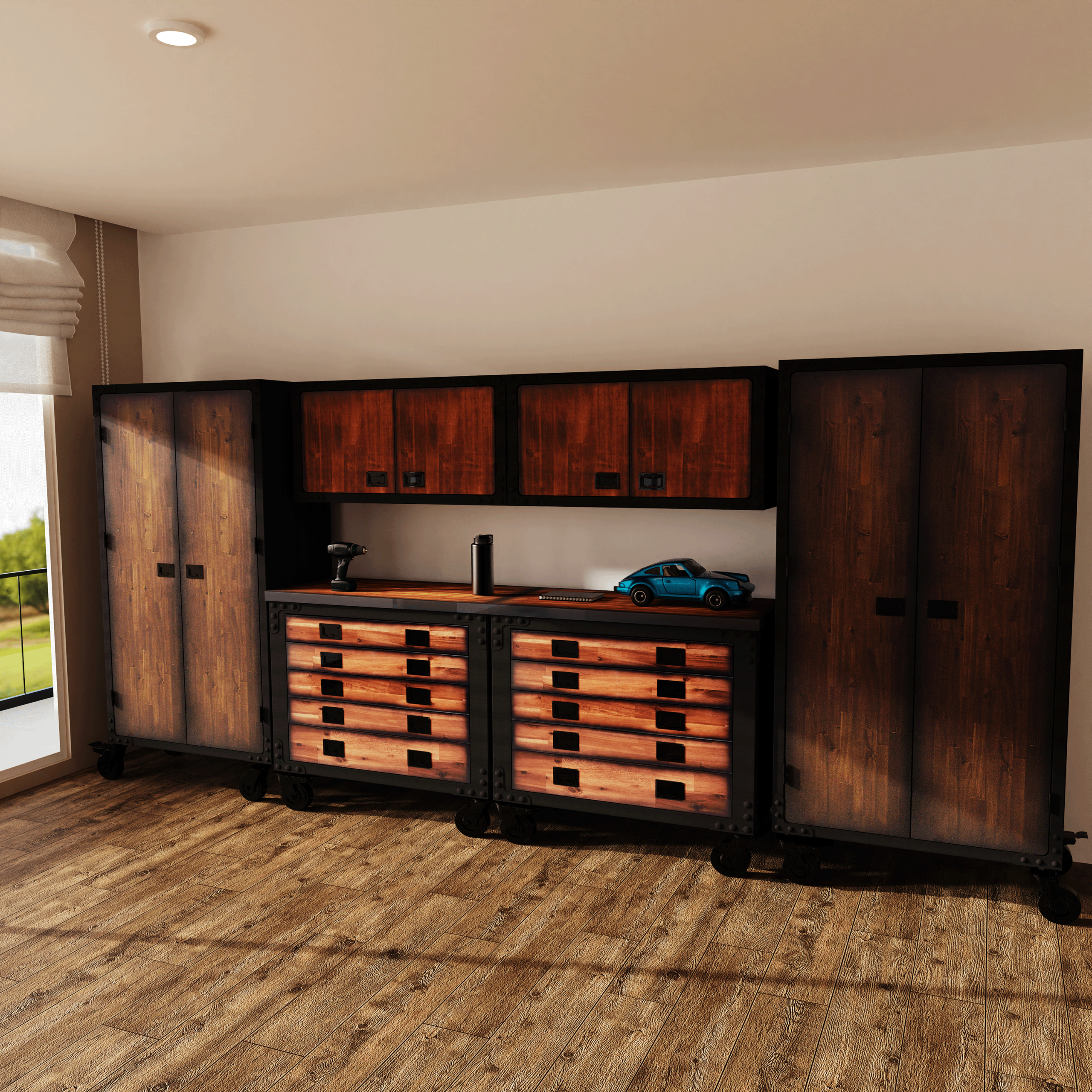 Duramax 68207 six-piece garage storage system in a finished workspace