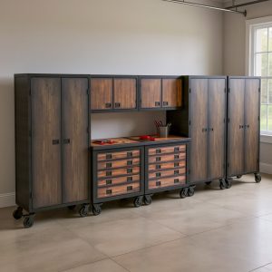 Duramax 68208 seven-piece garage storage system with two tool chests, two wall cabinets and three freestanding cabinets