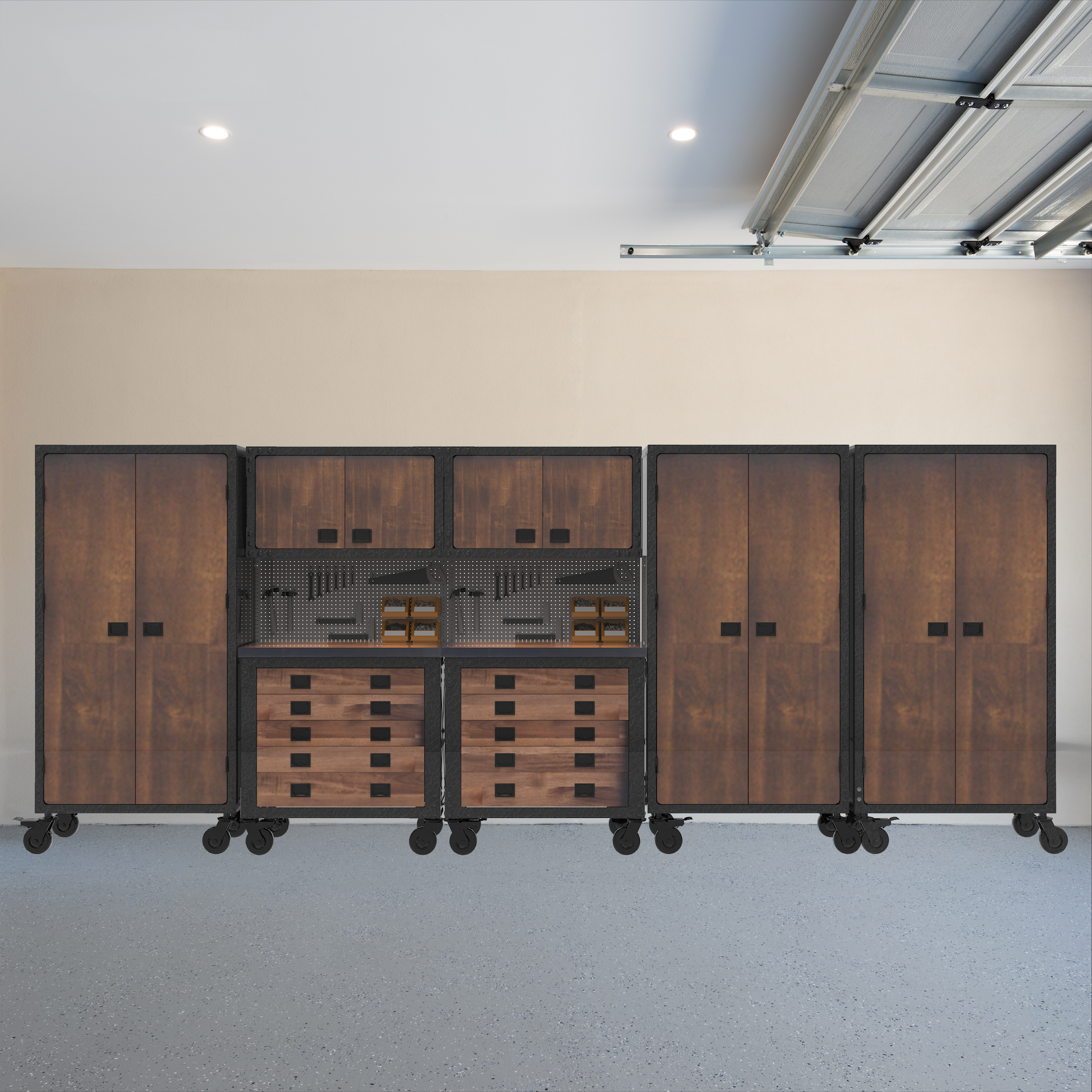 Duramax 68208 seven-piece garage storage system in a finished workspace