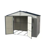 Duramax RidgeLine 10.5' x 5' vinyl storage shed with double doors open showing the interior