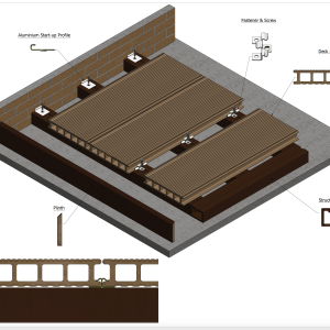 Duramax WPC decking system parts including decking boards, plinth, structure profile and fasteners