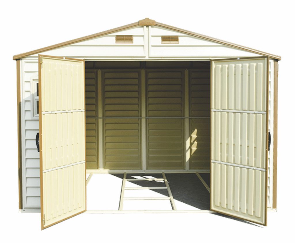Angled view of the Duramax WoodSide 10.5x8 vinyl storage shed