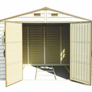 Angled view of the Duramax WoodSide 10.5x8 vinyl storage shed