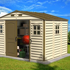 Duramax WoodSide 10.5x8 vinyl storage shed installed in a backyard setting