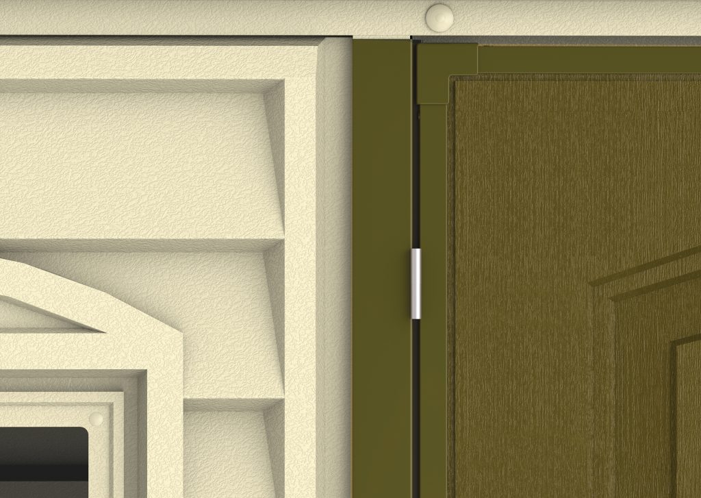 Door hinge detail on Duramax WoodSide 10.5x8 vinyl storage shed