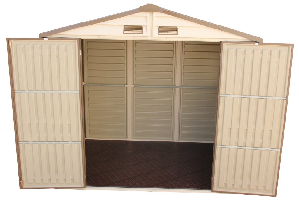 Duramax WoodSide 10.5x8 shed with wide double doors open