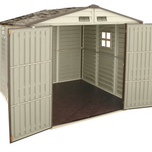 Duramax WoodSide 10.5x8 vinyl storage shed with wide double doors open