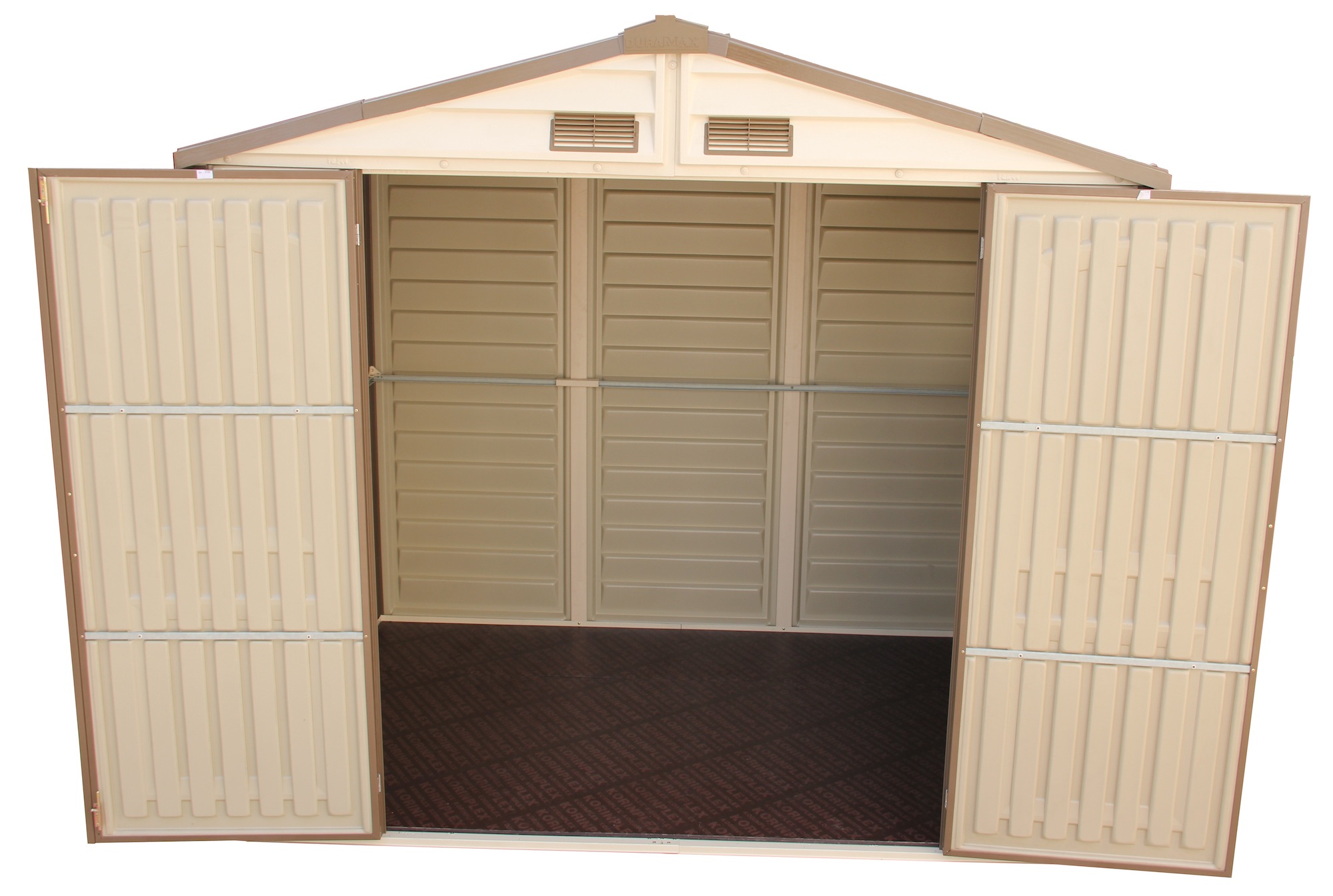 Duramax WoodSide 10.5x8 shed with wide double doors open