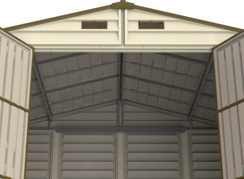 Interior roof support detail on Duramax WoodSide 10.5x8 vinyl storage shed