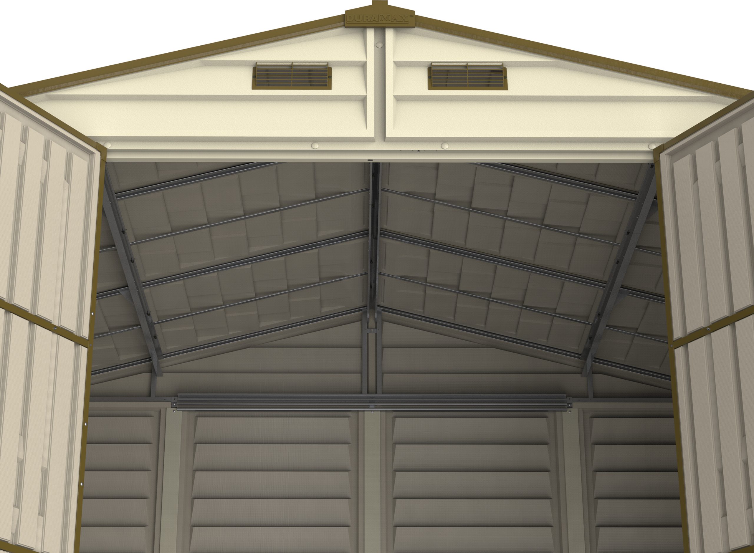 Interior metal roof support detail on Duramax WoodSide 10.5x8 vinyl storage shed
