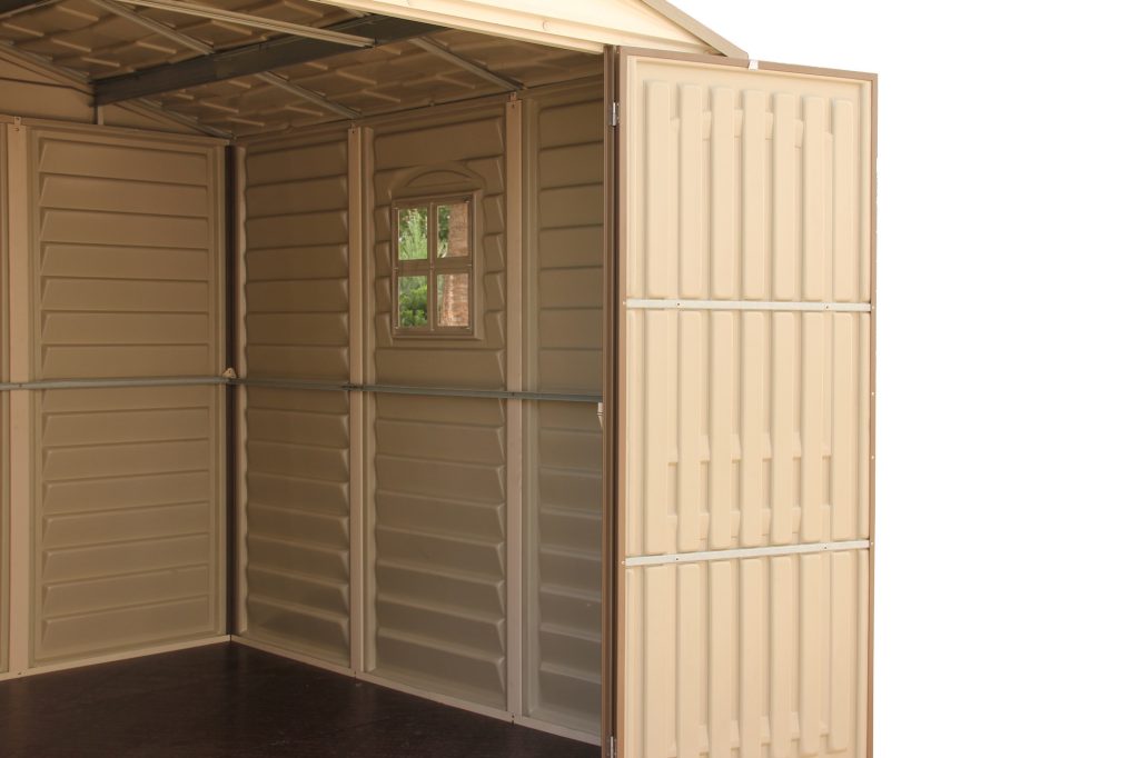 Interior view of the Duramax WoodSide 10.5x8 vinyl storage shed