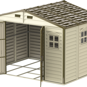 Isometric open view of the Duramax WoodSide 10.5x8 vinyl storage shed