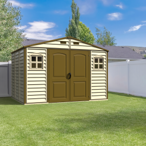 Duramax WoodSide 10.5x8 vinyl storage shed lifestyle scene