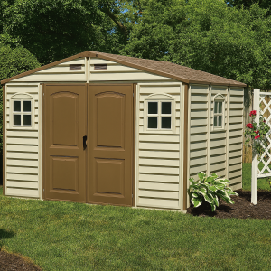 WoodSide 10.5x8 outdoor vinyl storage shed lifestyle view