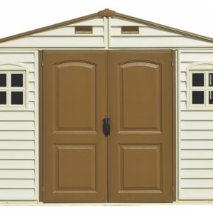 Duramax WoodSide 10.5x8 vinyl storage shed in ivory and brown