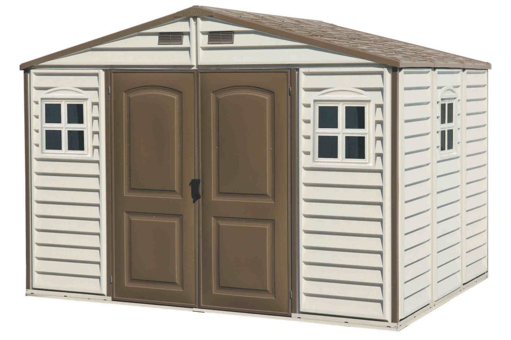 Duramax WoodSide 10.5x8 vinyl storage shed product view in ivory and brown