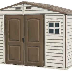 Duramax WoodSide 10.5x8 vinyl storage shed product view in ivory and brown