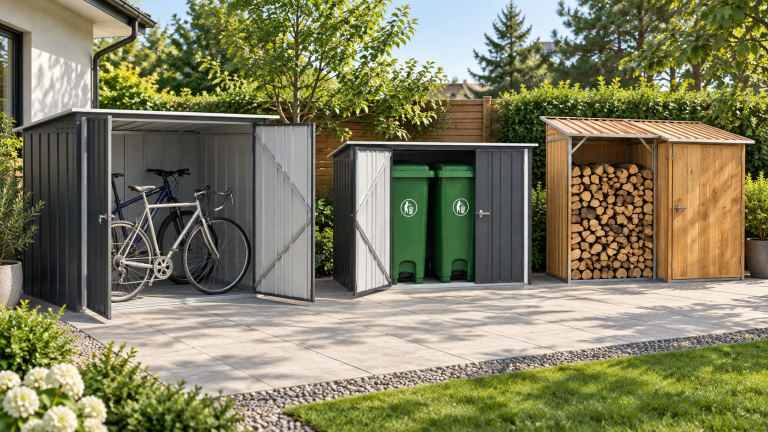 Duramax outdoor storage enclosures for bicycles, trash and recycling bins, and firewood storage displayed in a landscaped backyard.